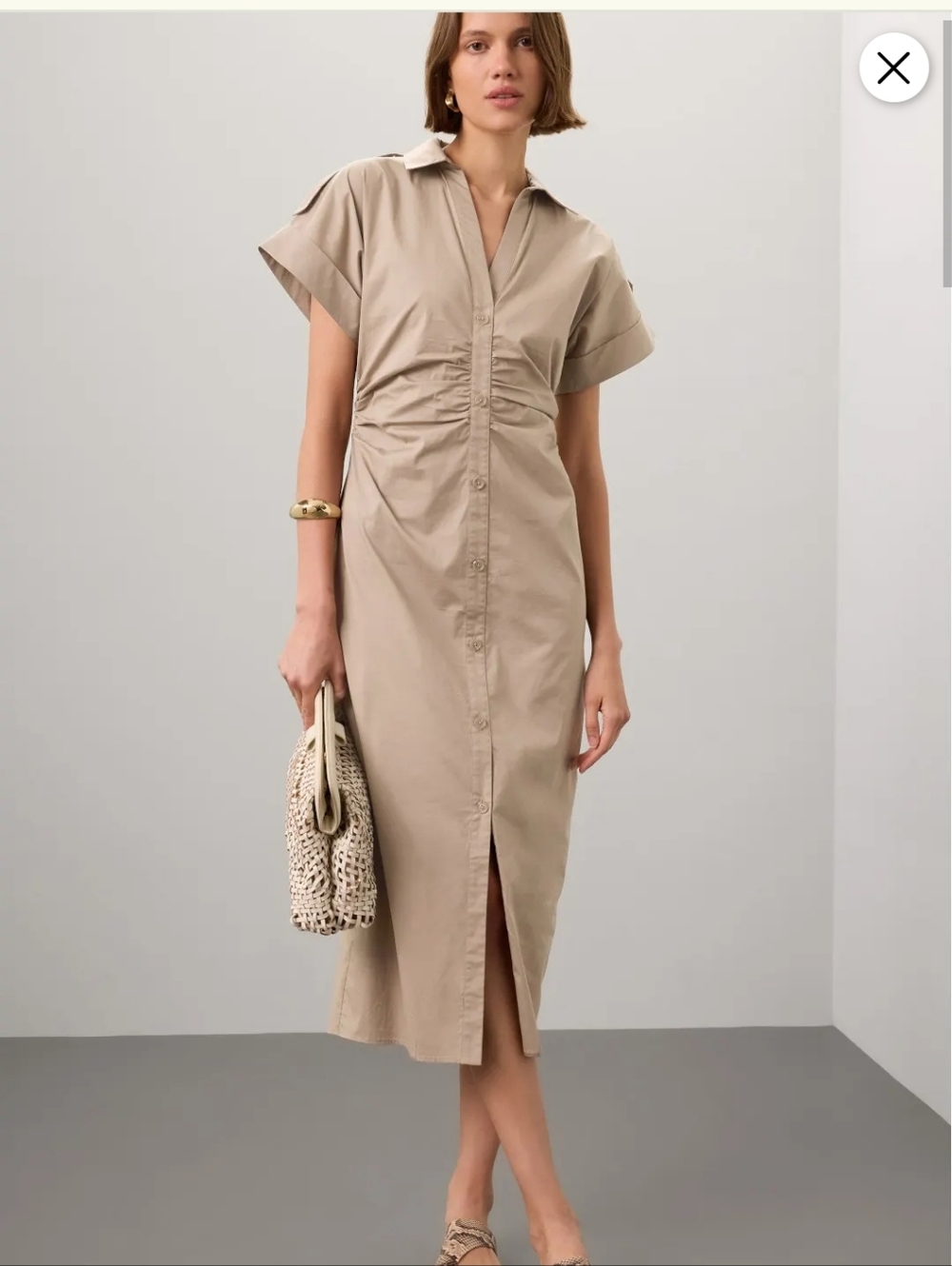 Saunders Beige Ruched Shirt Cotton Dress Size 4 MSRP $335